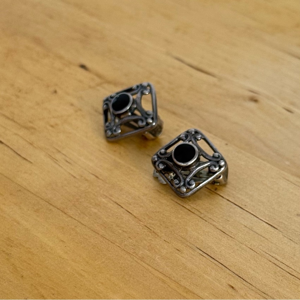 Vintage Diamond Shape Black Onyx Clip On Silver Earrings Rennaisance Victorian - Picture 4 of 8